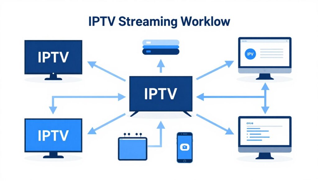 Technical diagram showing IPTV streaming infrastructure from server to multiple devices