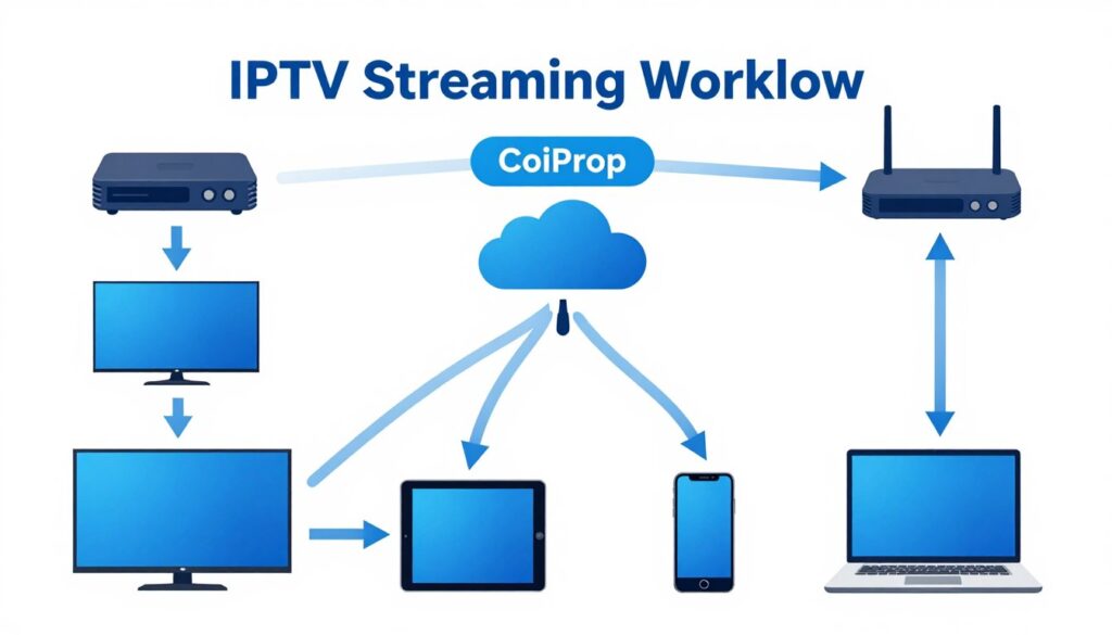Technical diagram showing IPTV streaming workflow from server to home devices