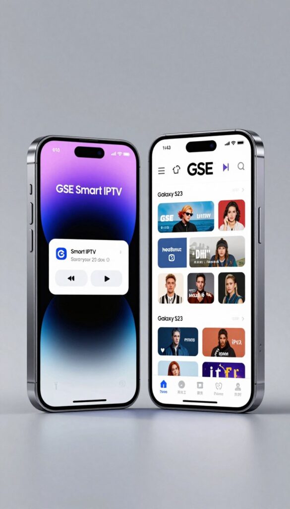 iPhone and Android phone displaying popular IPTV player apps side by side