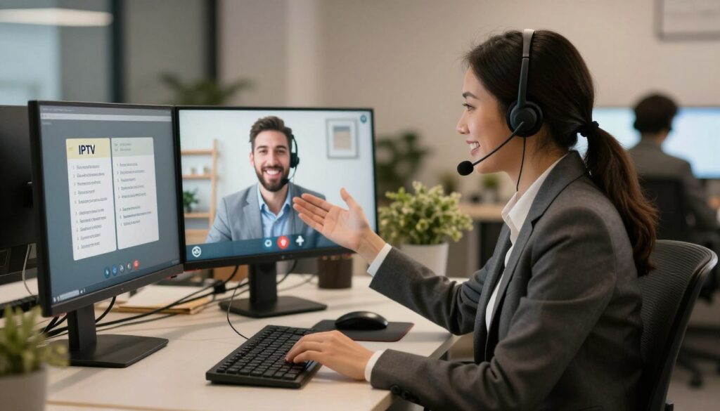 Customer support representative helping user with IPTV setup