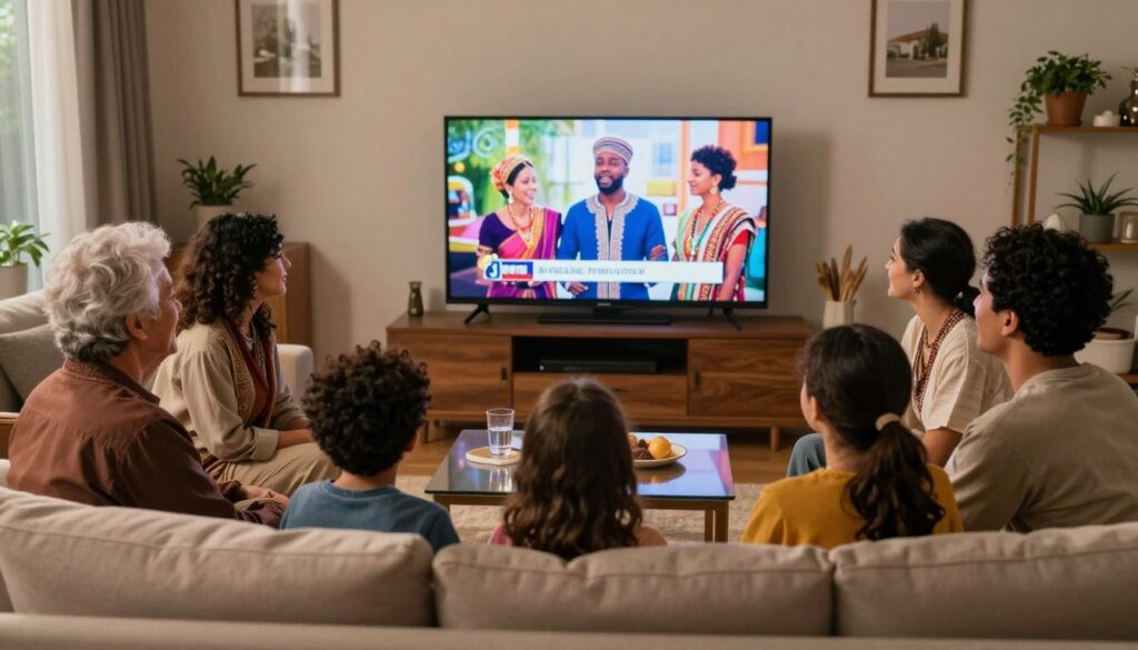 Family watching international cultural programming together