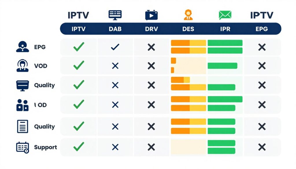 Feature comparison matrix showing different IPTV service capabilities