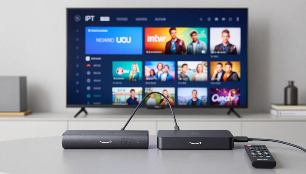 Fire Stick and Android Box with IPTV interface displayed