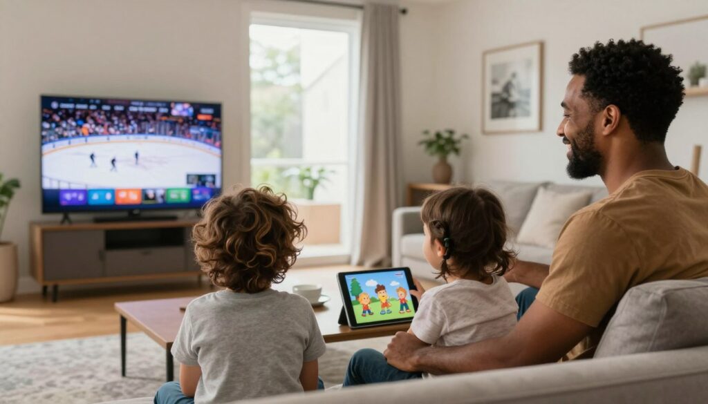 Happy Canadian family enjoying diverse content on IPTV showing sports, movies, and international channels
