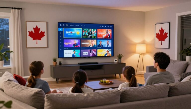 Modern Canadian living room with family watching IPTV on smart TV displaying various streaming channels