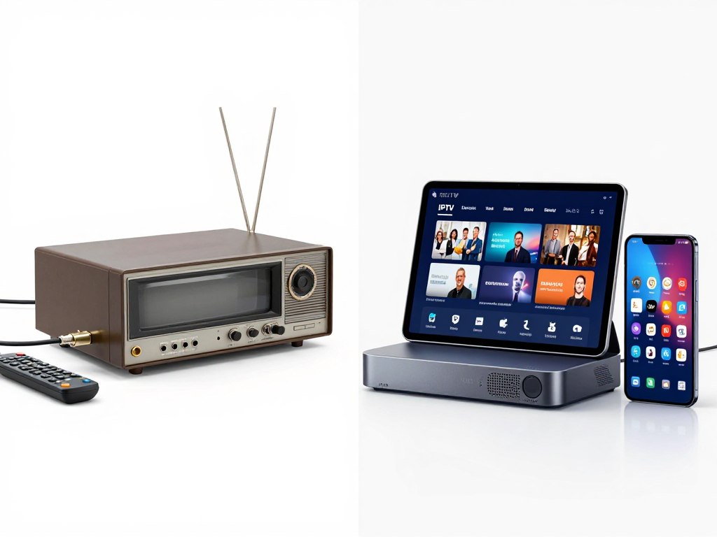 Side-by-side comparison showing traditional cable box versus modern IPTV streaming setup