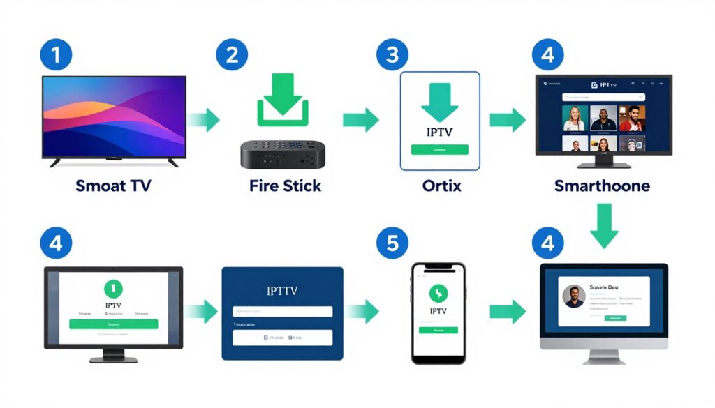 Step-by-step visual guide showing IPTV installation on different devices