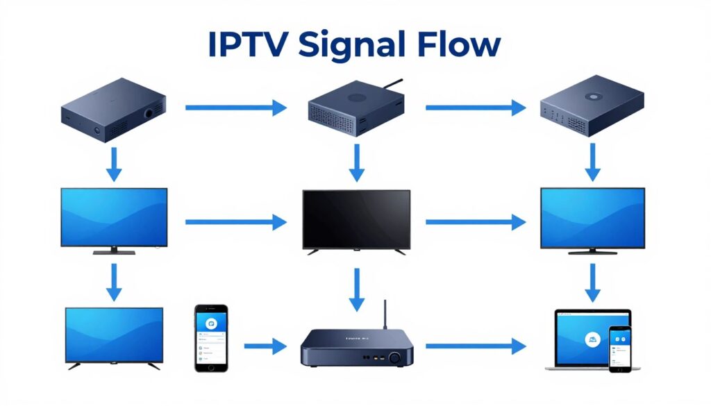 Technical diagram showing how IPTV works with internet connection, server, and multiple devices